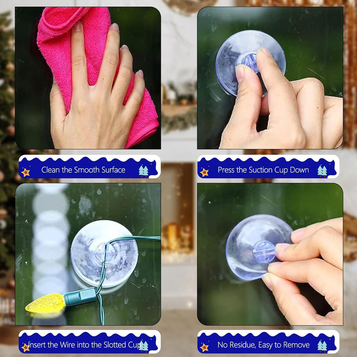 Christmas Light String Suction Cup Holders & Hooks for Seasonal Lights & Xmas Decorations (50Pcs)
