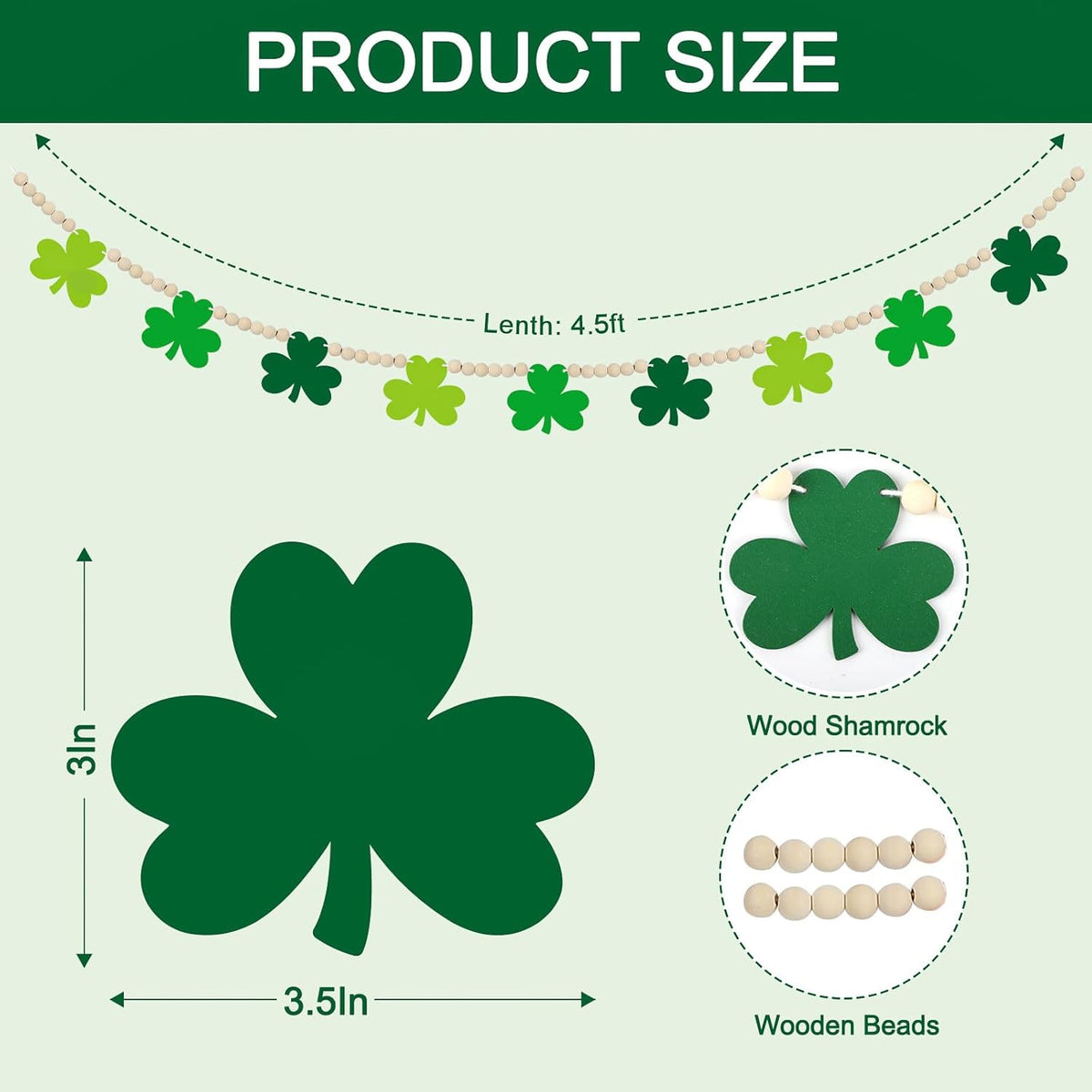 4.5 FT St.Patrick’s Day Shamrock Garland for Decorations, Wood Green Garland with Beads NO DIY, Clover St Patricks Banner Garlands for Mantle, Fireplace, Party Home Decor （Shamrock）