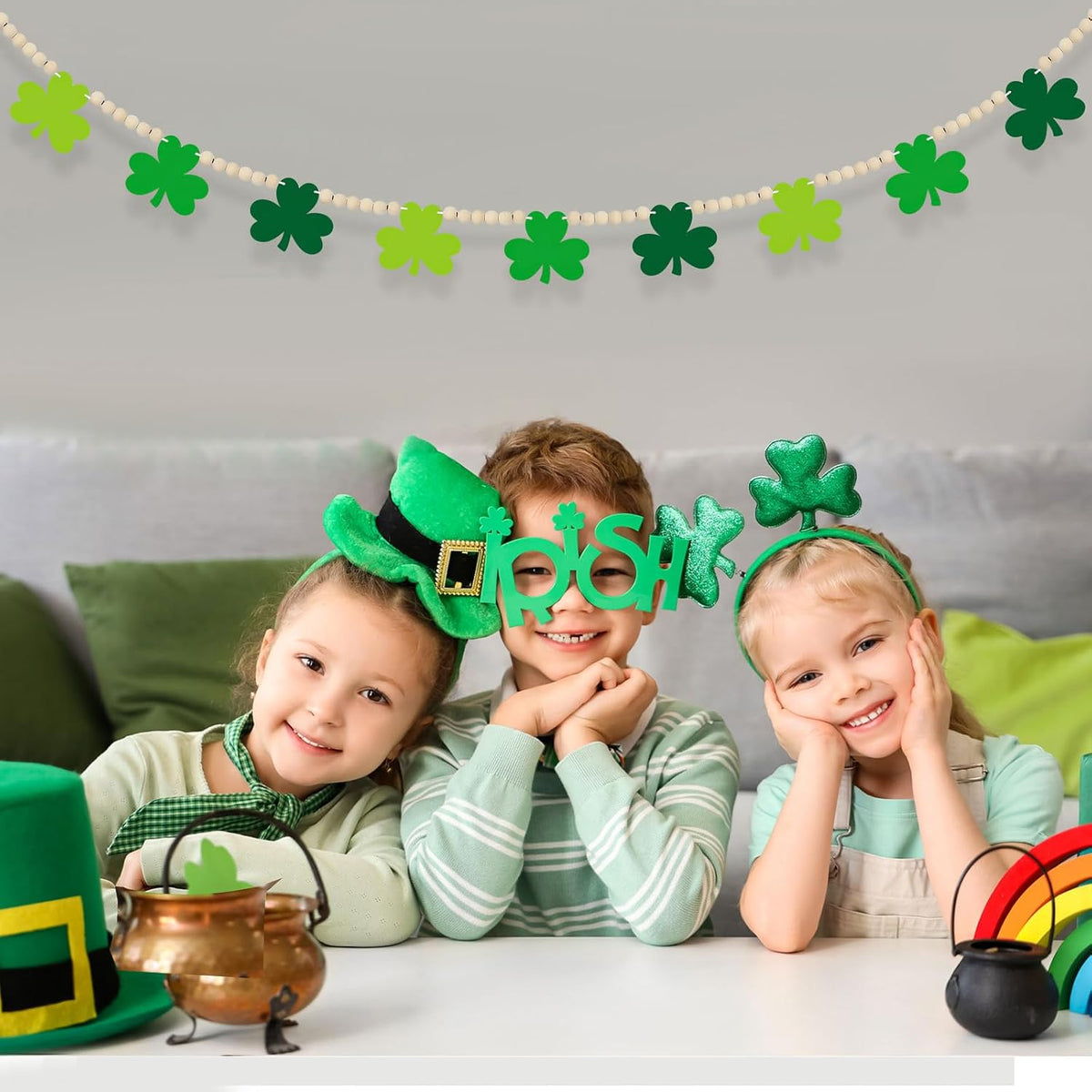4.5 FT St.Patrick’s Day Shamrock Garland for Decorations, Wood Green Garland with Beads NO DIY, Clover St Patricks Banner Garlands for Mantle, Fireplace, Party Home Decor （Shamrock）