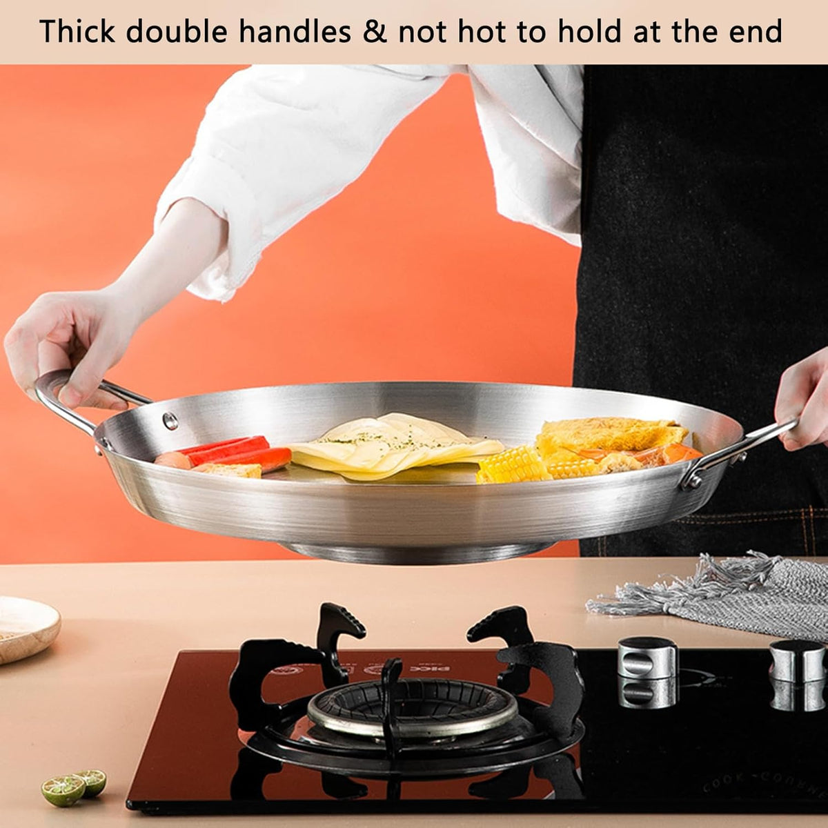 38cm Multifunctional Grill Pan with Double Handles - Silver - Suitable for Induction Gas and Barbecue - Camping Cooking Pan