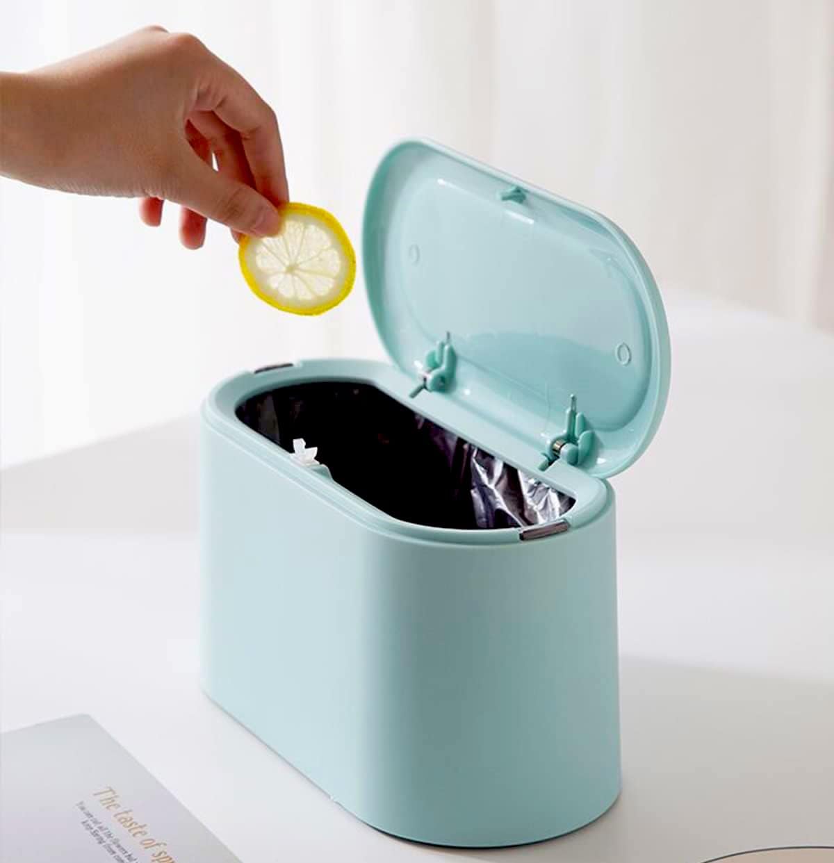 Mini Waste Bin with Lid - Blue - Small Plastic Trash Can for Bathroom Desk Kitchen Office - Removable Compact Rubbish Bin for Countertop Vanity Tabletop