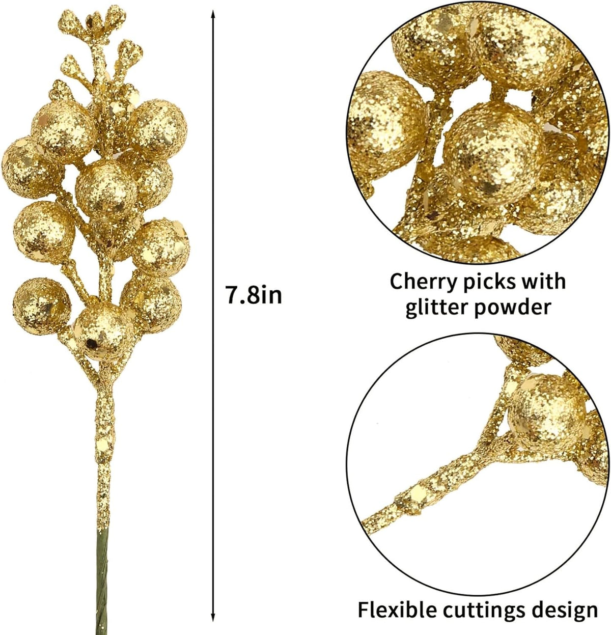 20 Gold Glitter Berry Ornaments Christmas Tree Decorations Artificial Xmas Tree Filler DIY Wreath Festive Home Decor