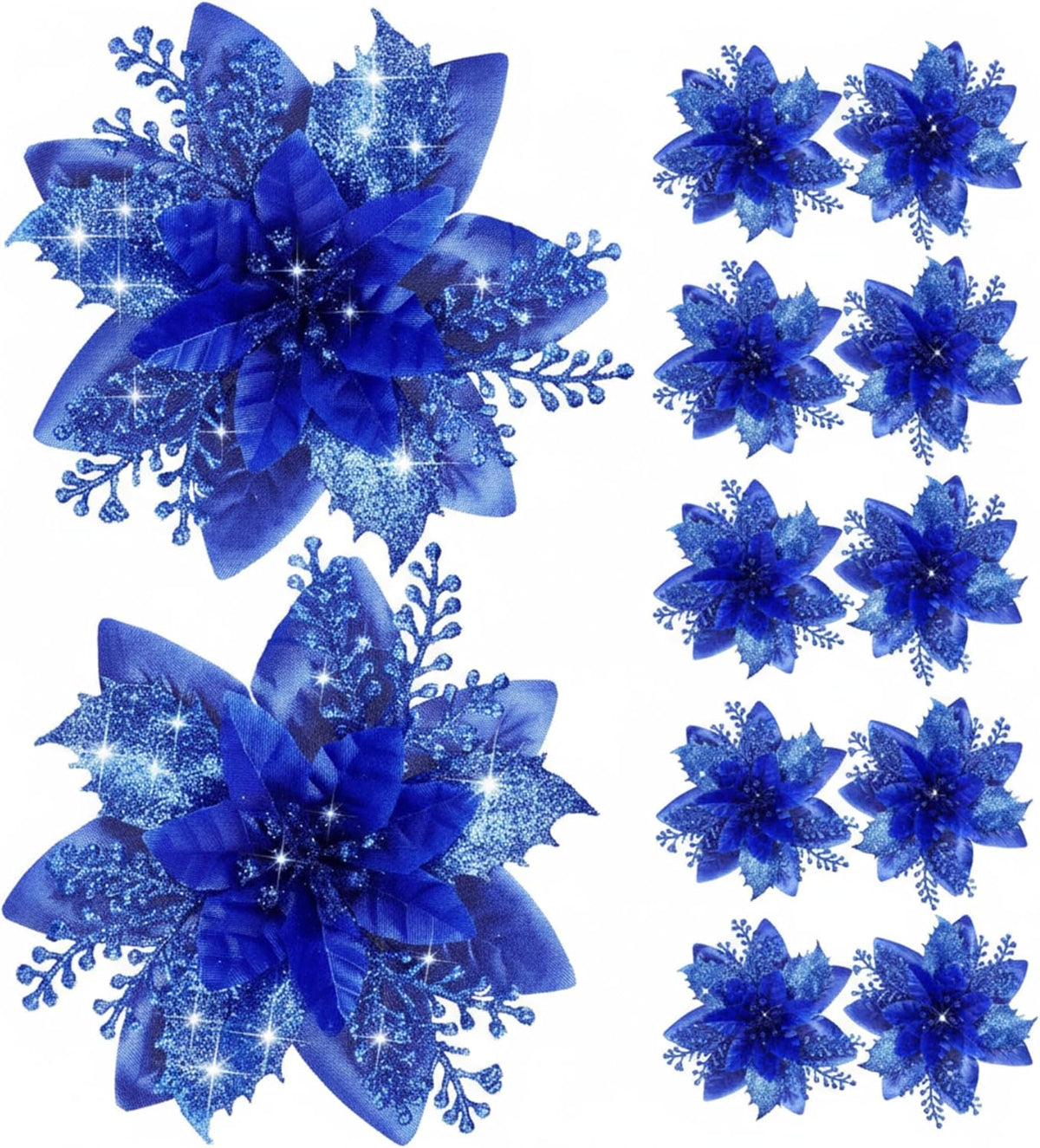 12 Piece Royal Blue Christmas Decorations Set with Glitter Artificial Flowers Clips for Tree Wreaths Home Festive Ornaments