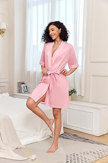 Women's Cotton Bathrobe - Short Sleeve with Pockets & Belt - Breathable Comfort - Lightweight - Pink - XL