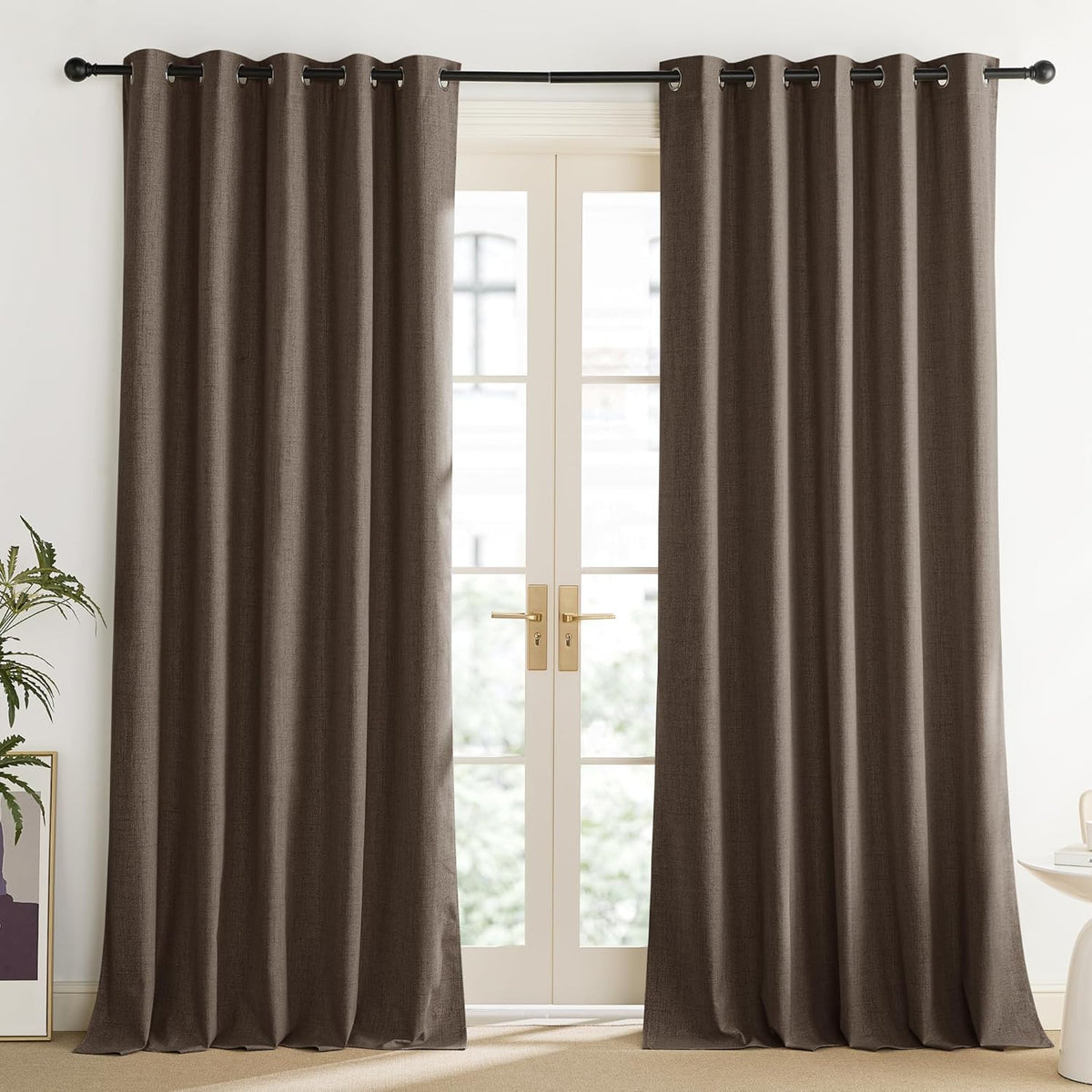 Coffee Vintage Linen 100% Blackout Curtains for Living Room, Thermal Insulated Curtains 95“ Long, Noise Reducing Window Treatment Drapes for Home Office, 62" Wide Per Panel, Set of 2