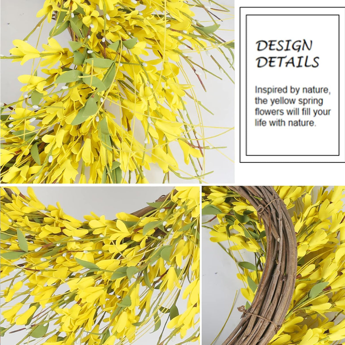 24" Spring Wreaths for Front Door Artificial Forsythia Flower Wreath on Grapevine Yellow Wreath with Green Leaves Silk Floral Wreath for Home Indoor Wall Window Garden Porch Farmhouse Decor