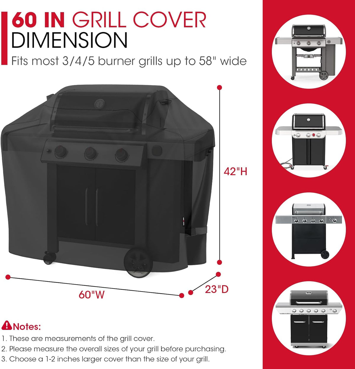 Grill Cover 60 Inch, Heavy Duty Waterproof Gas Grill Cover for Outside, Fade Resistant Outdoor Barbecue Protector, Compatible with Weber Char-Broil Nexgrill BBQs up to 58" Wide