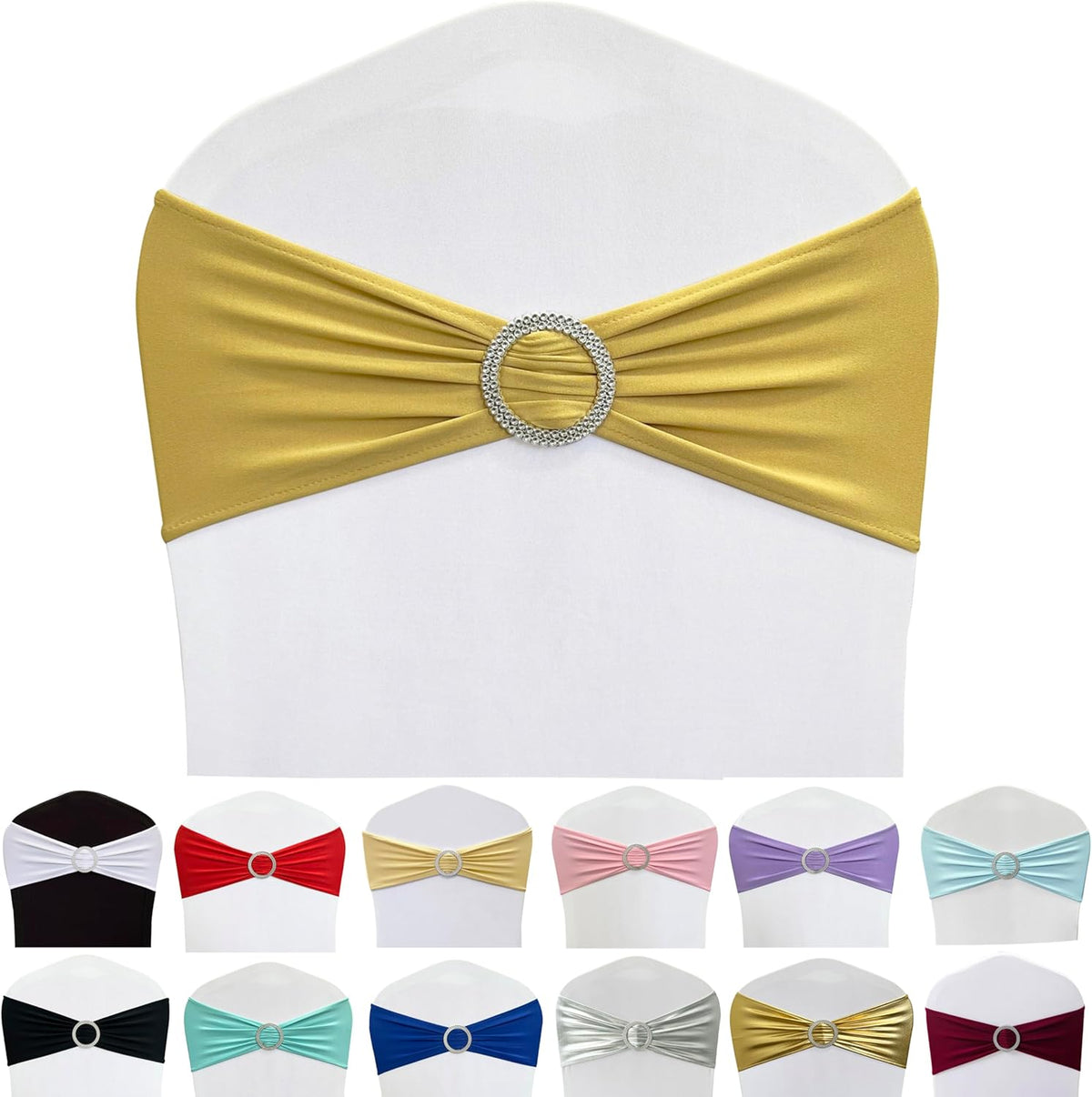 Spandex Chair Sashes Bands 50PCS Stretch Chair Ties Bows with Buckle Slider for Wedding Party Banquet Decoration (Gold)…