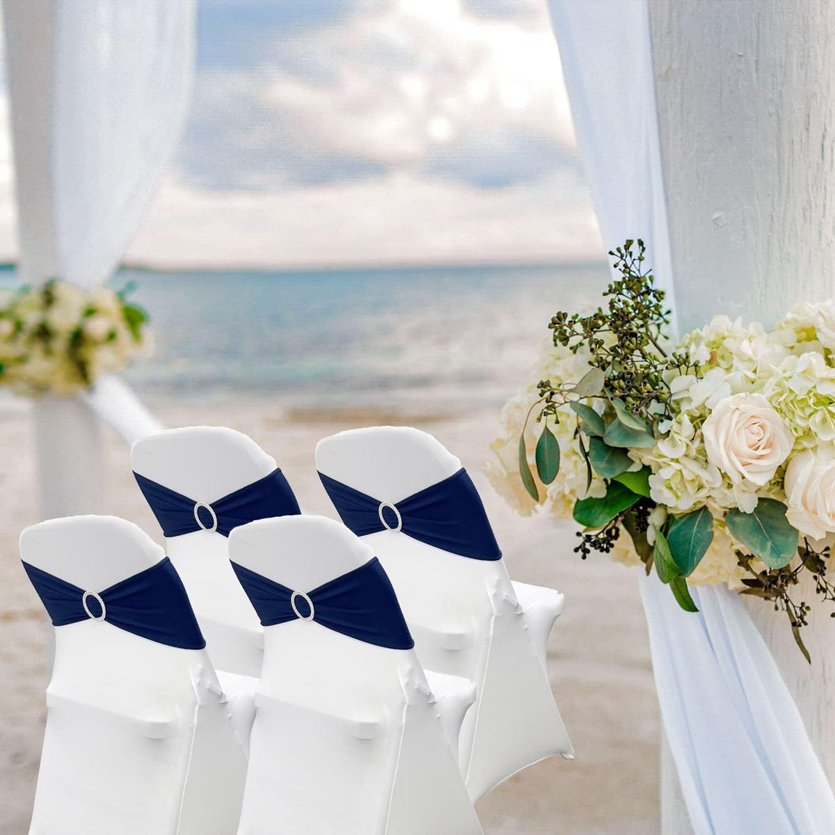 Spandex Chair Sashes Bands 50PCS Stretch Chair Ties Bows with Buckle Slider for Wedding Party Banquet Decoration (Navy Blue)…