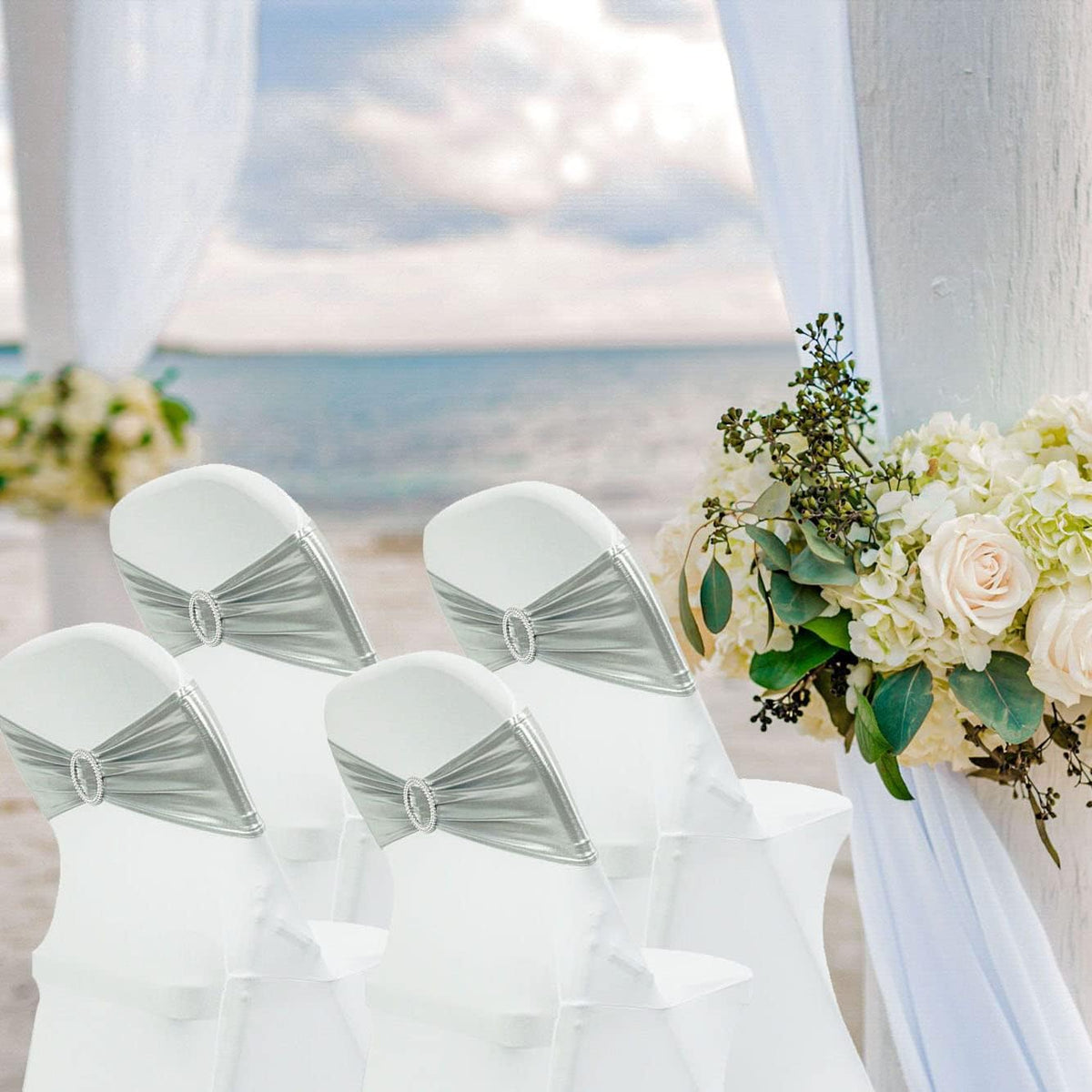 Spandex Chair Sashes Bands 50PCS Stretch Chair Ties Bows with Buckle Slider for Wedding Party Banquet Decoration(Metallic Silver)…