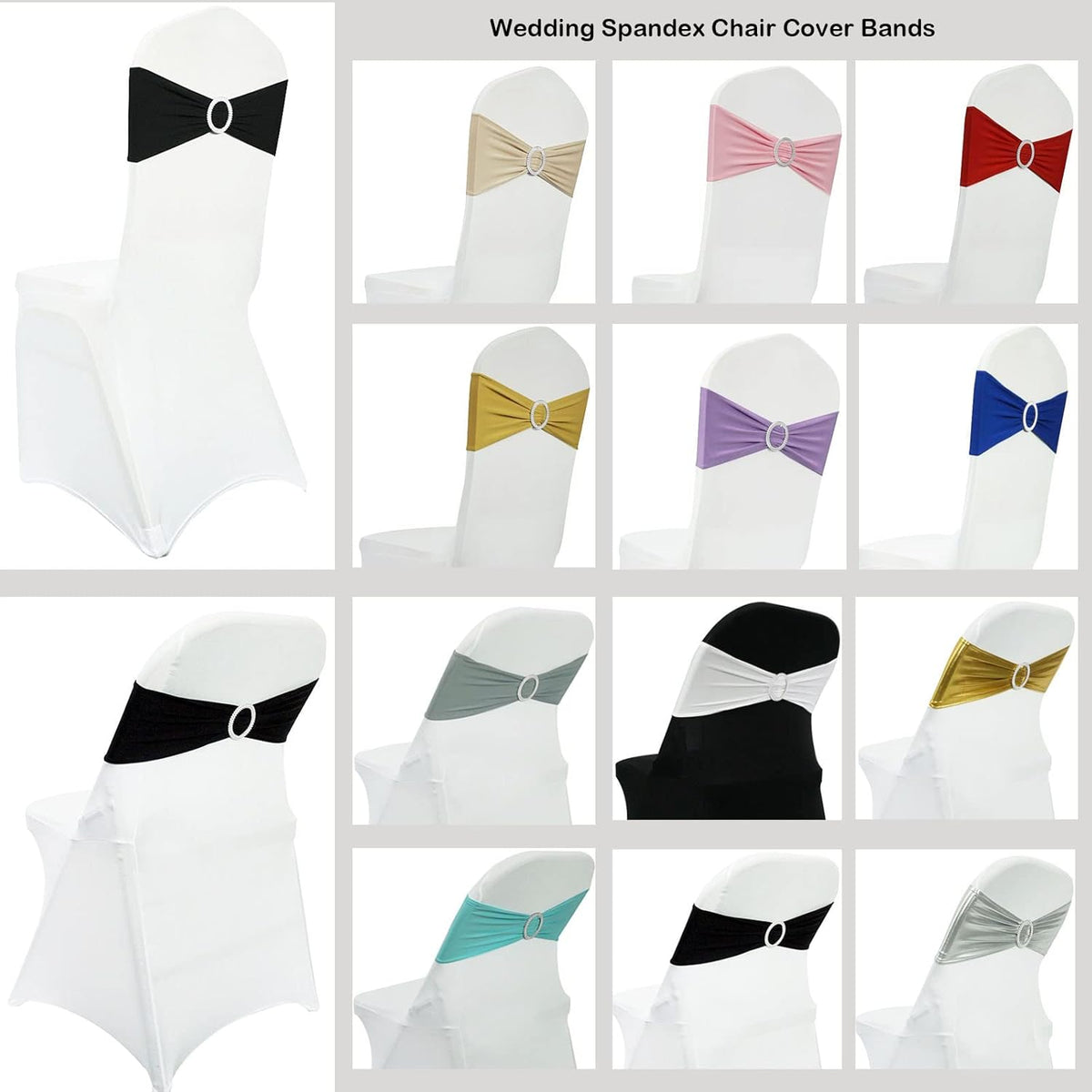 Spandex Chair Sashes Bands 50PCS Stretch Chair Ties Bows with Buckle Slider for Wedding Party Banquet Decoration(Metallic Silver)…