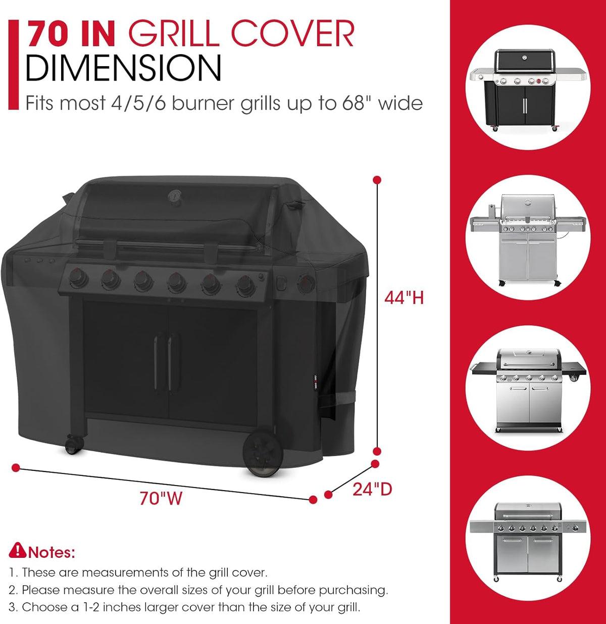 Outdoor Large Grill Cover 70 Inch, Heavy Duty Waterproof Gas Grill Cover for Outside, Fade Resistant Durable BBQ Protector, All Weather Protection for Backyard BBQs, Black