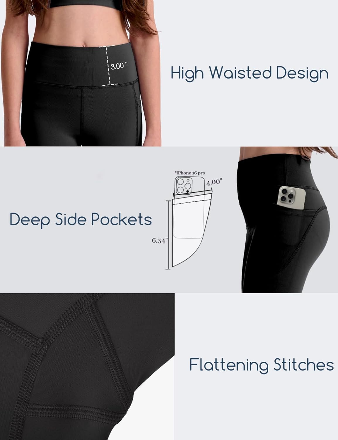 3 Pack Girls' Leggings with Pockets, Ankle Length Athletic Yoga Pants for Kids Clothes