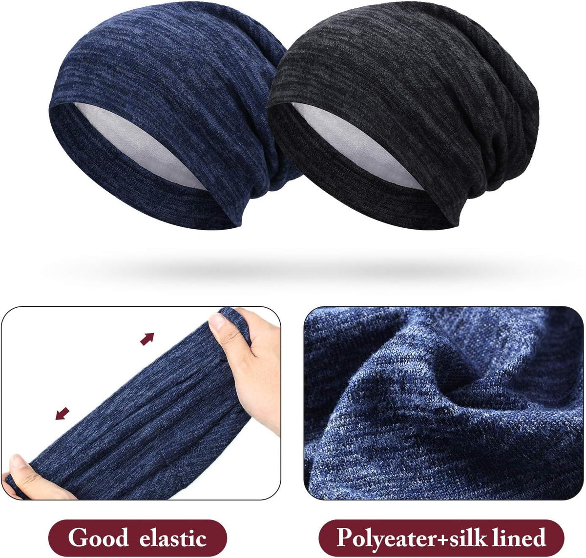 4 Pieces Satin Lined Beanie Cap Satin Sleep Lined Hat Slouchy Beanie Hat Night Silk Hair Cap for Women Men