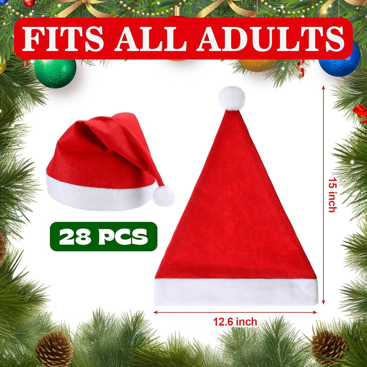 28 Pieces Christmas Red Santa Hat Xmas claus Santa plush Hat Non-woven Fabric costume hat for kids adult Christmas (12.6 x 15 Inch)