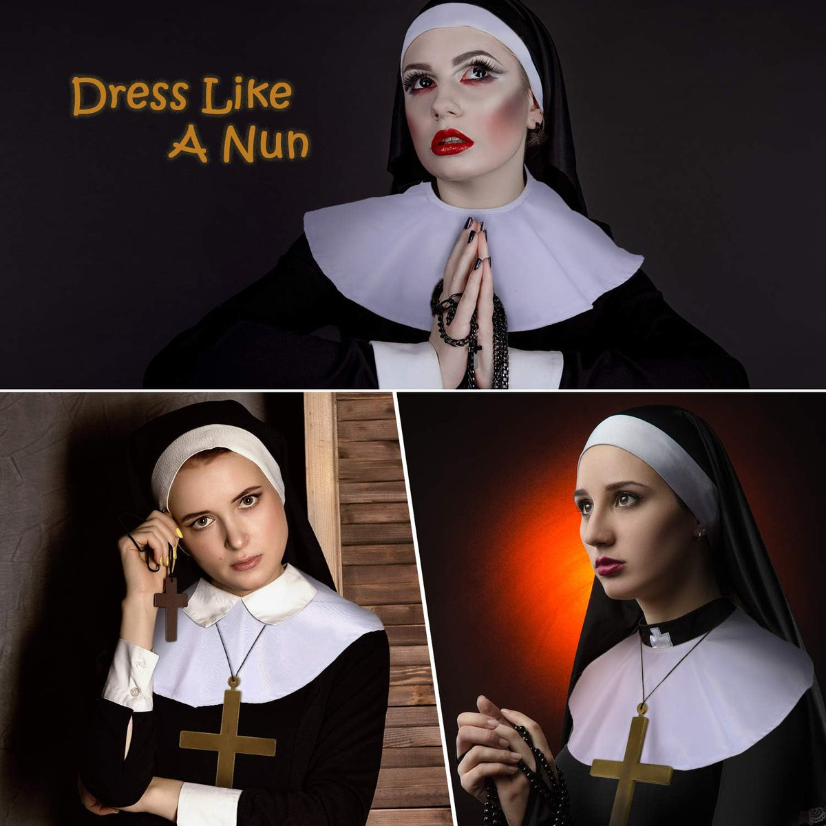 2 Sets Halloween Nun Costume Set Plastic Gold Cross Nun Habit Costume Set Hat White Collar Gold Cross Pendant for Woman
