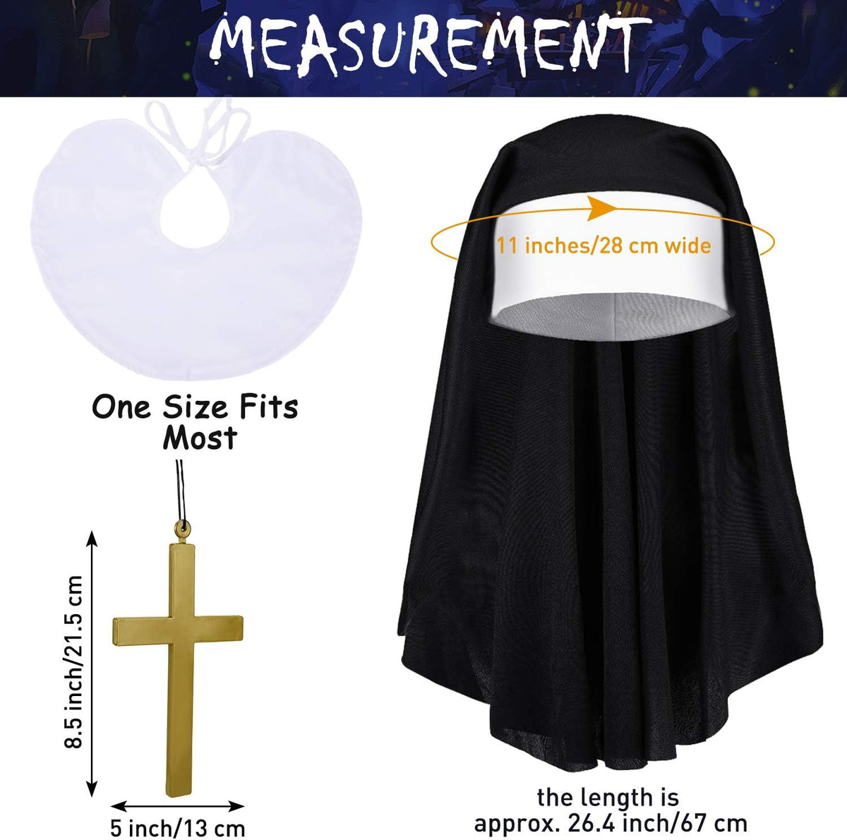 2 Sets Halloween Nun Costume Set Plastic Gold Cross Nun Habit Costume Set Hat White Collar Gold Cross Pendant for Woman