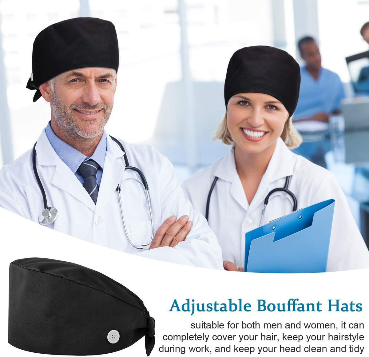 4 Pieces Bouffant Scrub Caps Adjustable Button Sweatband Hats Tie Back Hats for Women Men