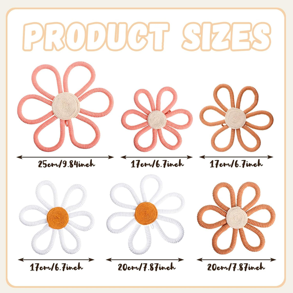 6 Pcs Boho Nursery Decor Daisy Flower Woven Macrame Wall Hanging 3 Size Daisy Flower Wall Decor Bohemian Nursery Decorations for Home Dorm Art(Pink, Brown, White)