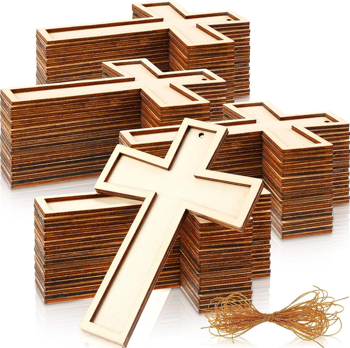 48 Pack Cross Wooden Hanging Ornaments Unfinished Wood Blank Cross Craft with Gold String for Easter Tree Wedding Birthday Halloween Christmas Party Decoration