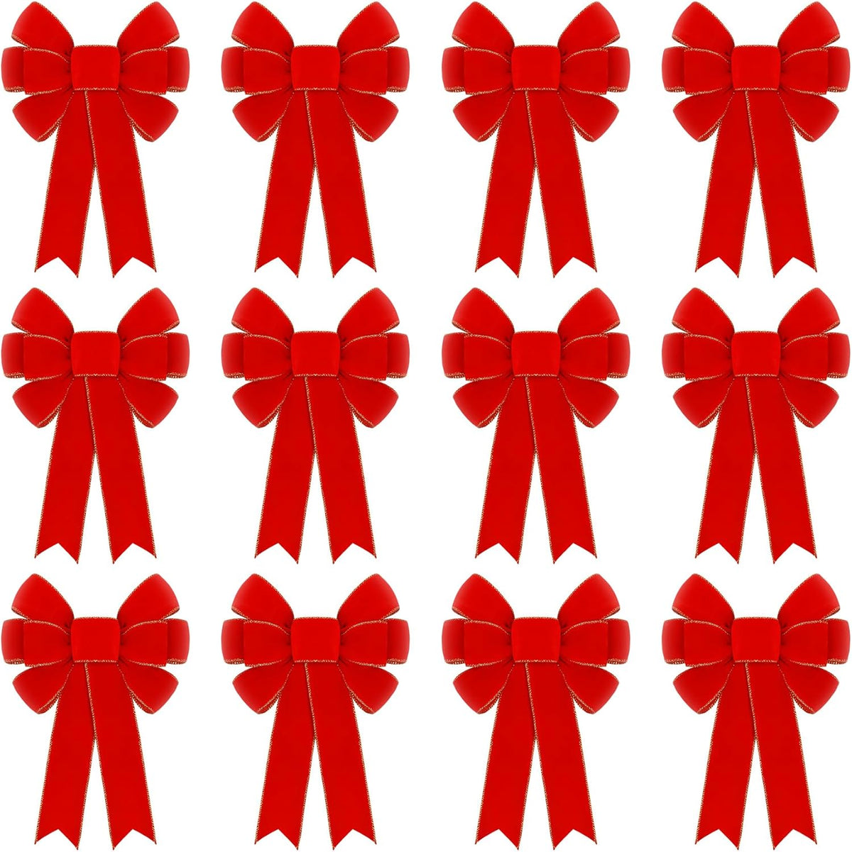 12 Pcs Red Velvet Bows for Christmas Tree Decorations, 9" X 14" Outdoor Christmas Bows Tree Topper Ornaments with Glitter Gold Edge for Wreaths Fireplace Home Party Door Xmas Holiday Decor