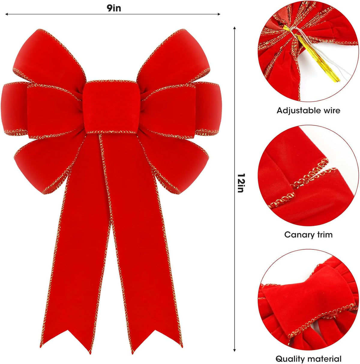 12 Pcs Red Velvet Bows for Christmas Tree Decorations, 9" X 14" Outdoor Christmas Bows Tree Topper Ornaments with Glitter Gold Edge for Wreaths Fireplace Home Party Door Xmas Holiday Decor