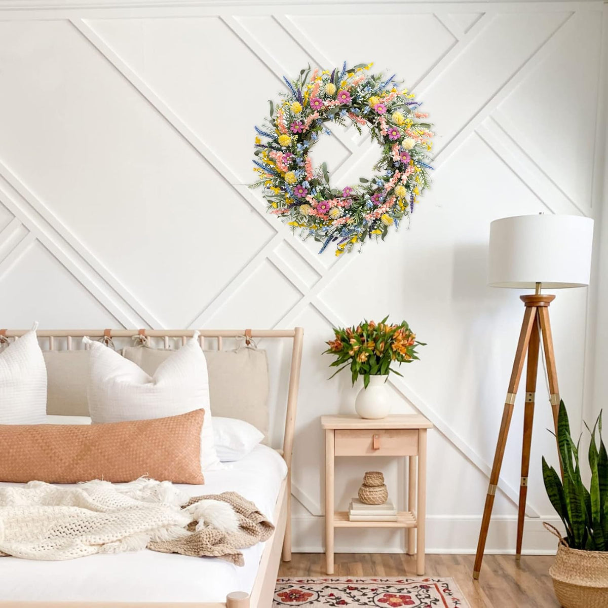 26 Inch Spring Summer Colorful Flower Wreath for Front Door, Forsythia Lavender Wild Flowers Wreath for Home Decor, Colorful Wild Flowers with Green Leaves for Everyday