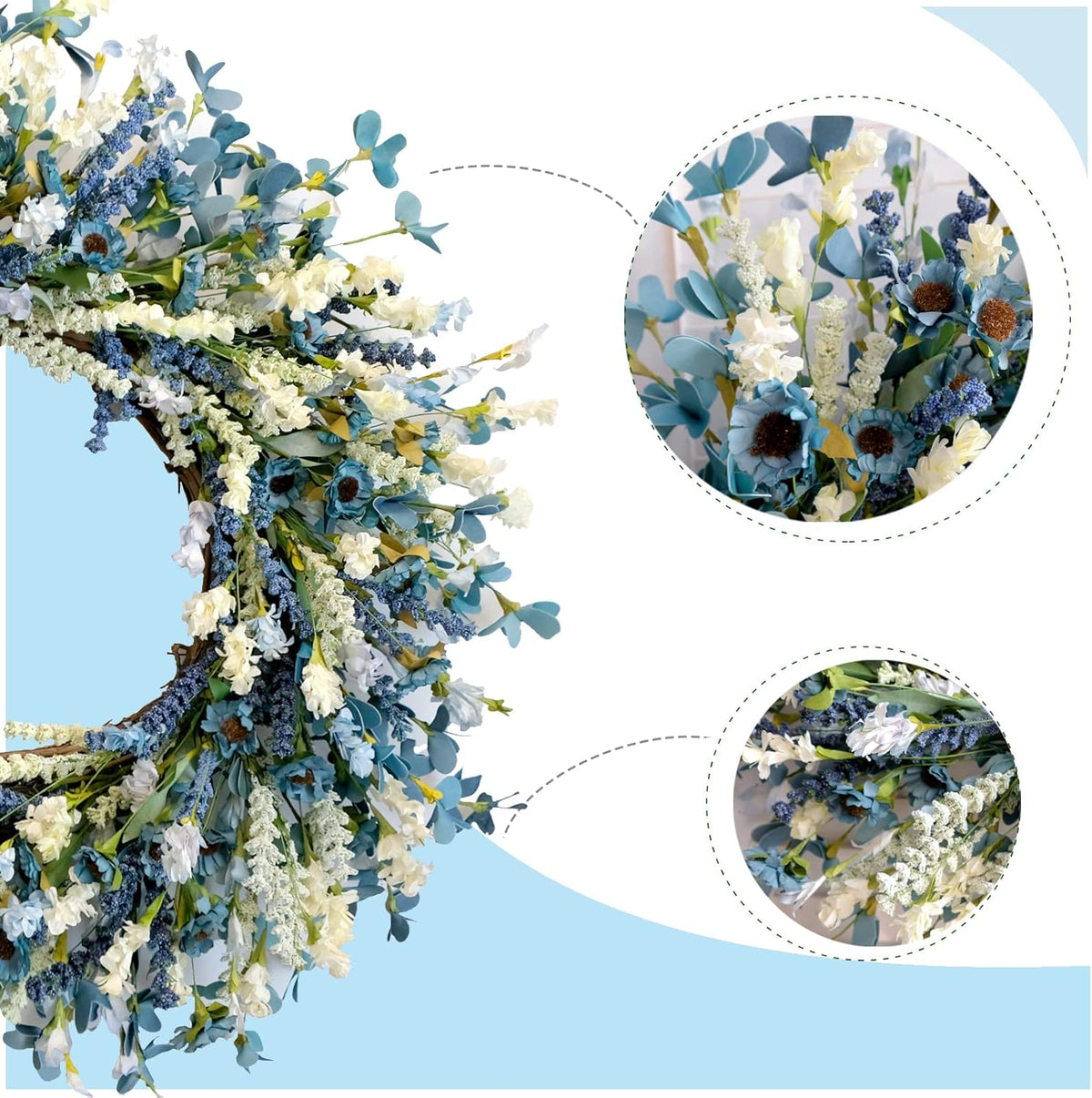 26 Inch Summer Spring Blue Ivory Lavender Flower Wreath for Front Door, Rustic and Farmhouse Wild Flowers Wreath for Inside and Outside, Coastal Blue Home Decorating