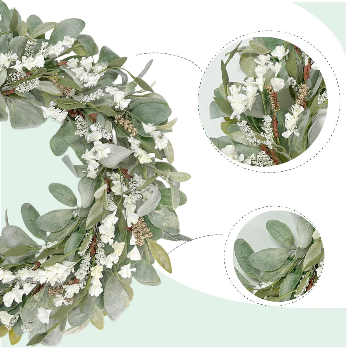 22 Inch Spring Summer Lamb Ears Leaves Wreath with Ivory Forsythia Flower, Year Round Greenery Floral Wreath for Front Door, All Seasons Rustic Farmhouse Everyday Wreath for Indoor Outdoor Decor