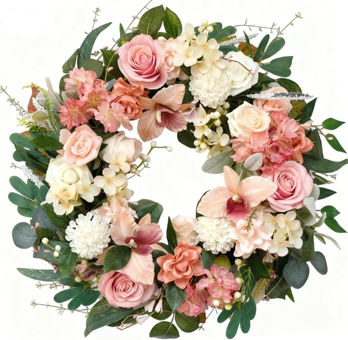 24 Inch Spring Everyday Pink Flower Wreath for Front Door, Soft Touch Pink Roses Peony Orchid Wreath for Indoor Outdoor, Valentine's Wedding Flower Wreath for Home Decoration