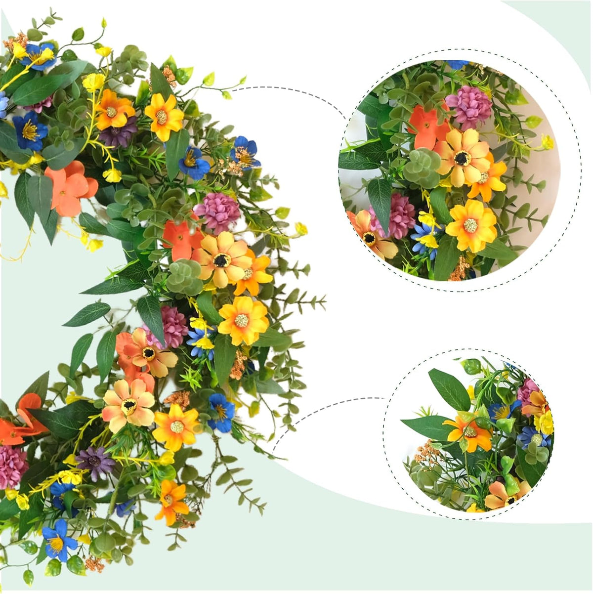 20 Inch Spring Summer Colorful Floral Wreath for Front Door, All Seasons Wildflower Wreath with Olive & Boxwood Leaves, Everyday Floral Door Wreath for Indoor Outdoor Use