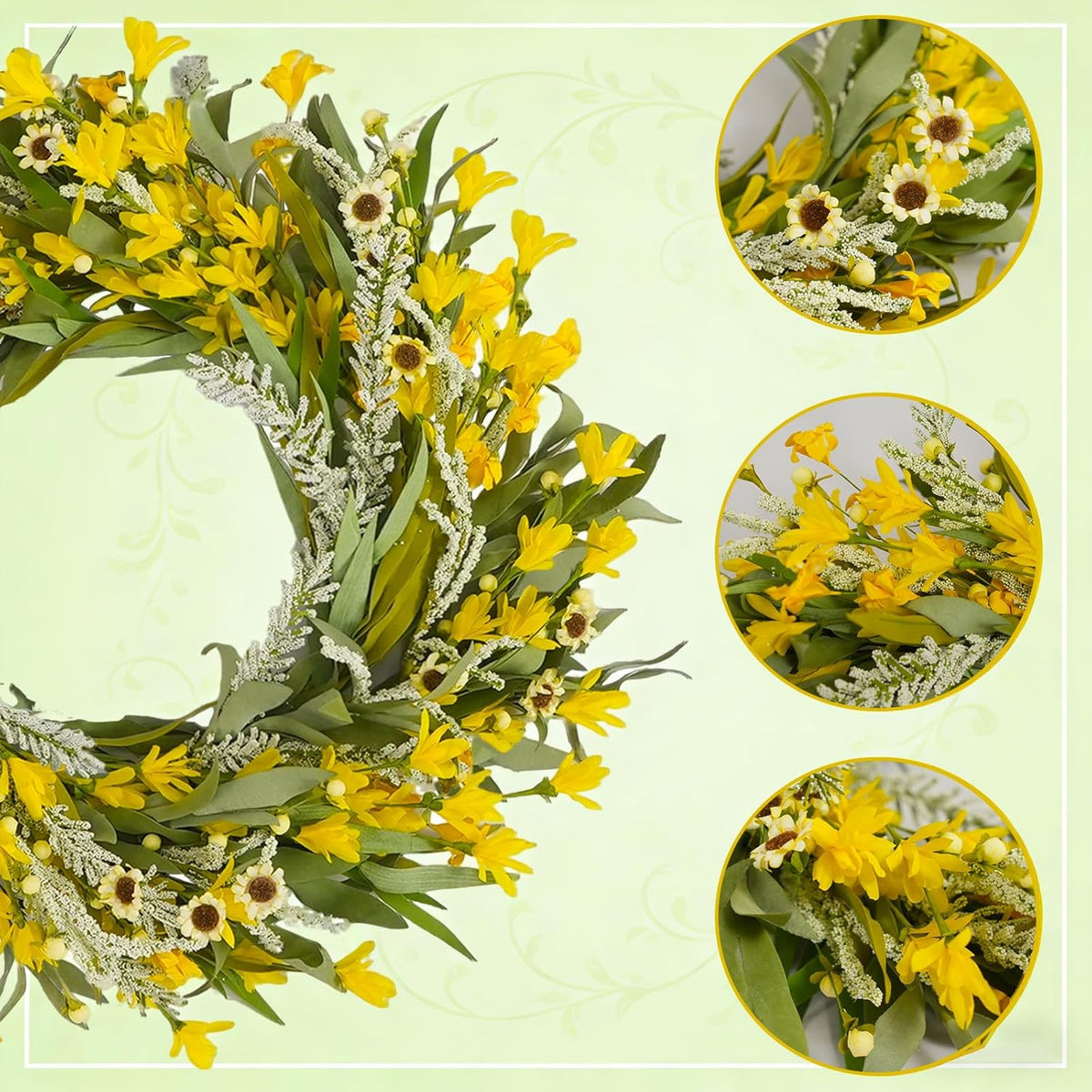 24 Inch Spring Yellow Forsythia Flower Wreath for Front Door, All Season Door Decor Wreath with Yellow Sunflower Greenery Leaves for Indoor Outdoor, Floral Wreaths for Doors Windows Walls