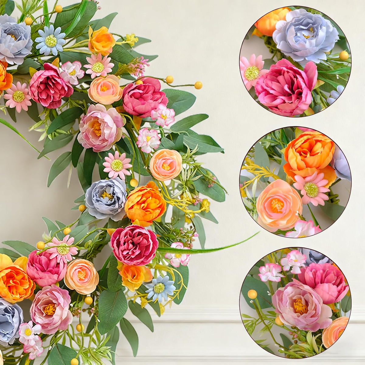 24 Inch Spring Summer Penoy Wreath for Front Door, Colorful Wildflowers Floral Eucalyptus Wreath for Indoor Outdoor, All Seasons Everyday Wreaths for Front Door Outside