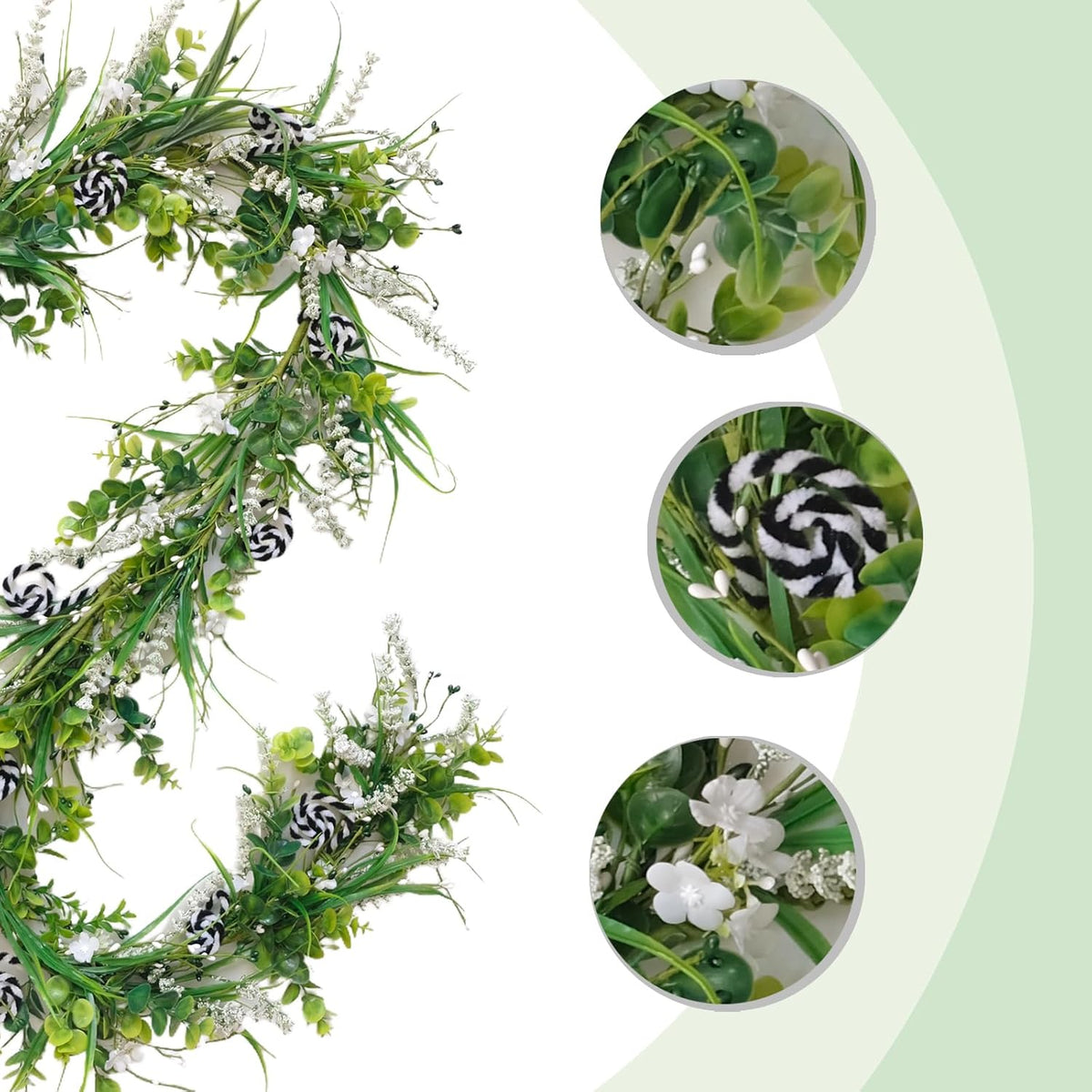 6 Ft Spring Green Boxwood Garland for Mantle, Greenery Spring Summer Garland with White Flowers for Fireplace, Rustic Farmhouse Indoor Outdoor Decor