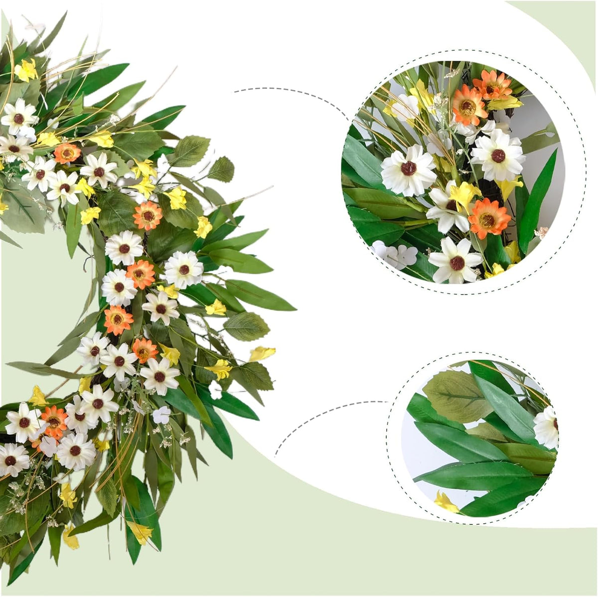 26 Inch Spring Greenery Wreath for Front Door, White Daisy & Yellow Forsythia Floral Wreath with Eucalyptus and Olive Leaves, Everyday All Seasons Indoor Outdoor Decor