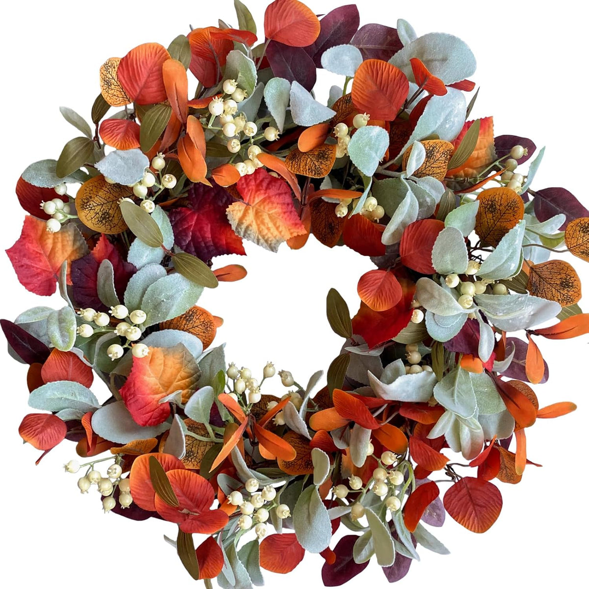 22 Inch Fall Front Door Wreath with Eucalyptus Lamb Ears Leaves and Berries, Autumn Fall Leaves Wreath with White Berries for Indoor and Outdoor, Festival Home Decor