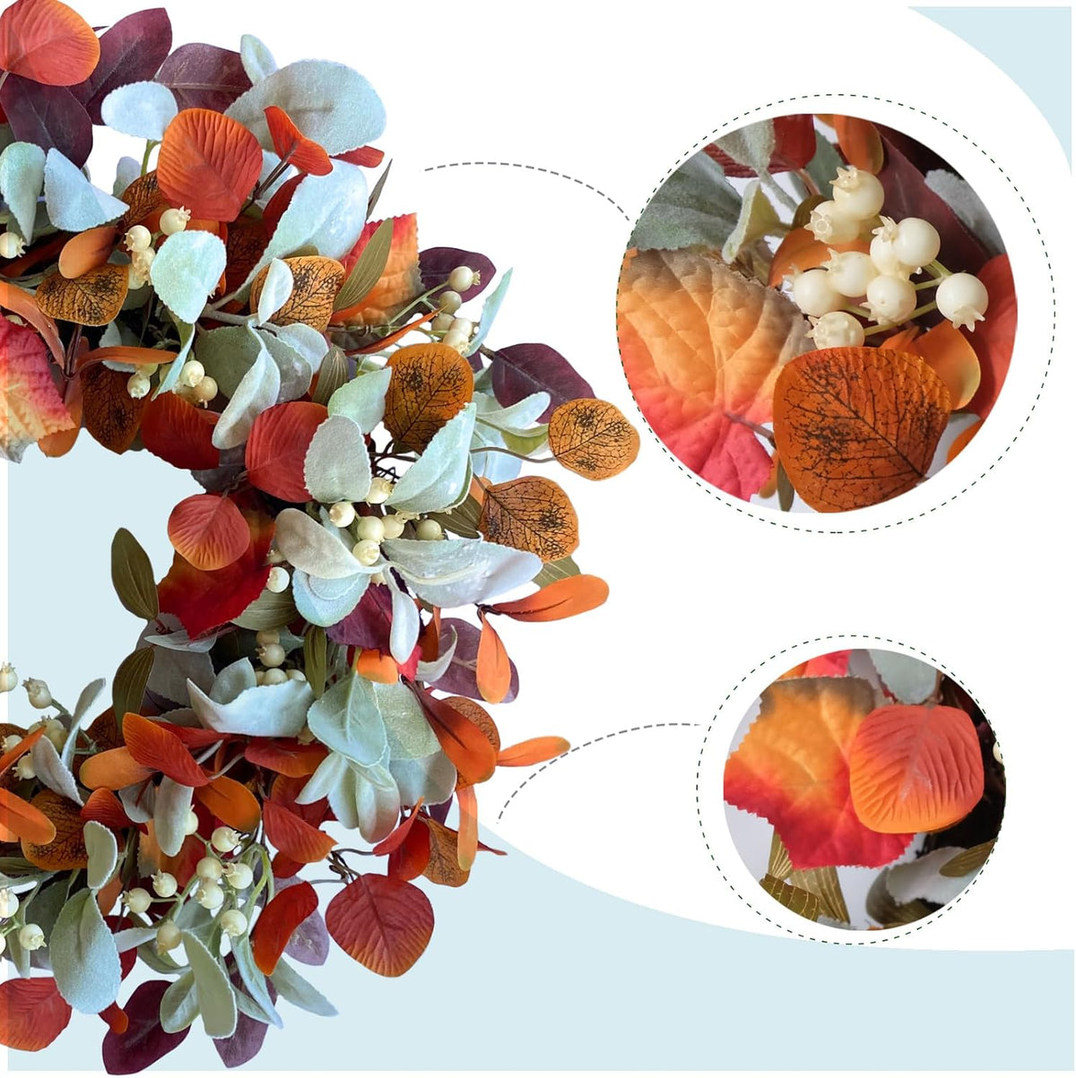 22 Inch Fall Front Door Wreath with Eucalyptus Lamb Ears Leaves and Berries, Autumn Fall Leaves Wreath with White Berries for Indoor and Outdoor, Festival Home Decor
