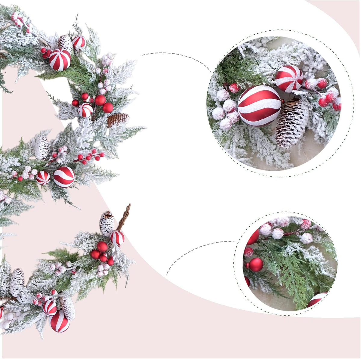 70 Inch Christmas Candy Cane Garland for Front Door, Winter Red White Xmas Holiday Garland for Indoor Outdoor, Christmas Frosted Garland with Berries and Pine Cones