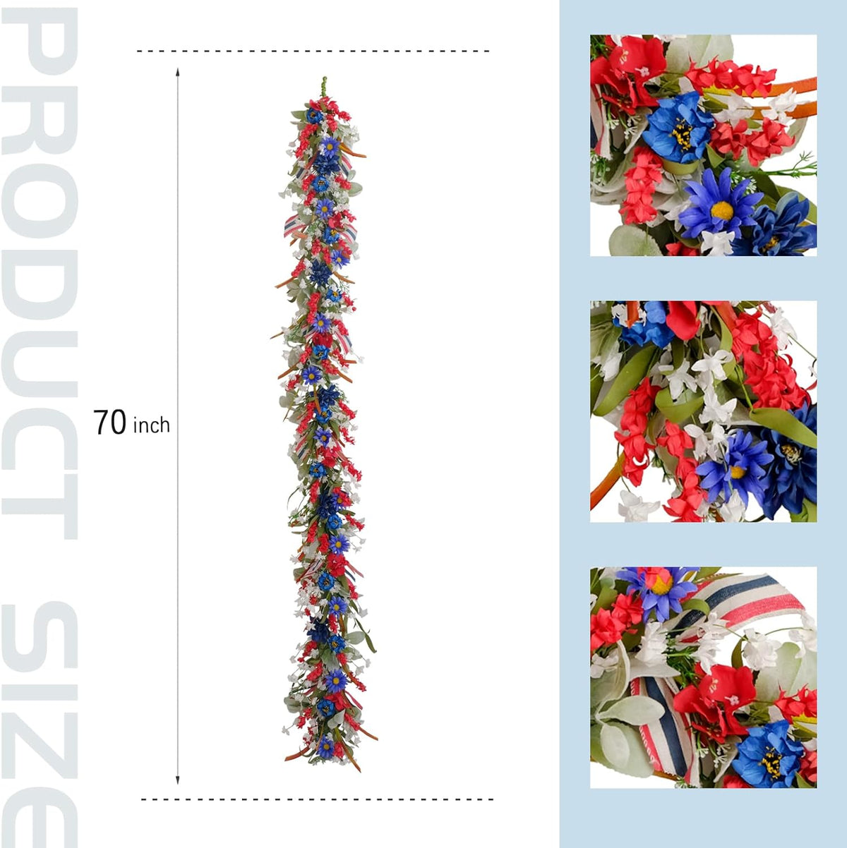 4th of July Red White Blue Flowers Lamb Ear Leaves Garland for Doors, 5.9ft Patriotic Artificial Flower Home Decor Garland for Indoor Outdoor, Independence Decoration for Home
