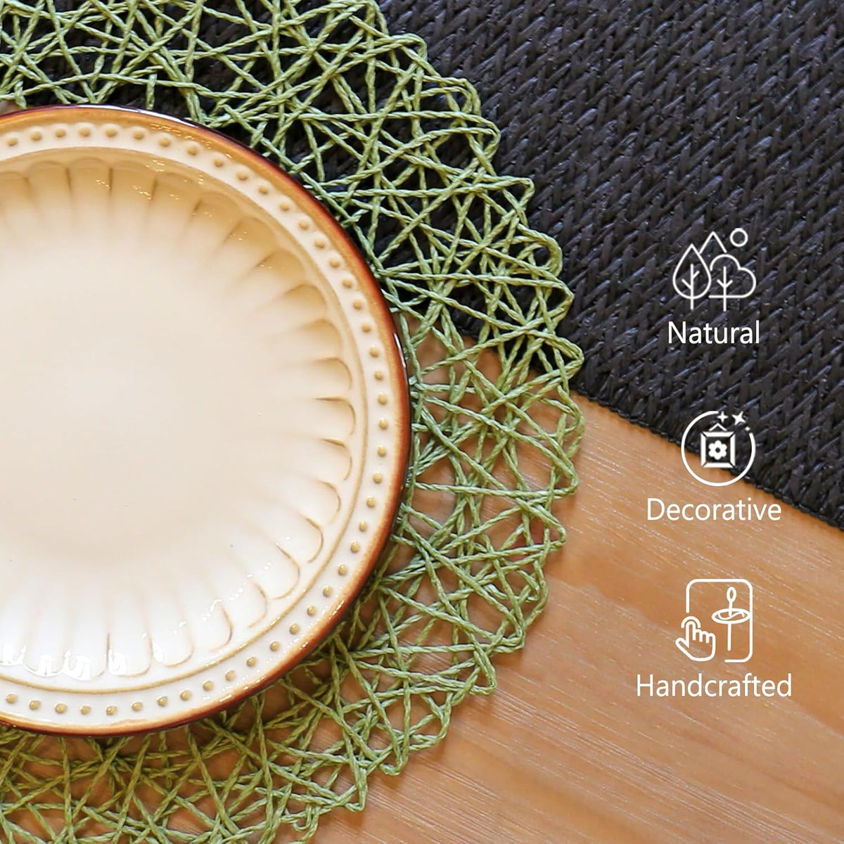 Paper Braided Round Placemats Set of 12 Natural Non-Slip Heat Resistant Table Mats for Dining Tables Woven Indoor & Outdoor Place mats(Green,12)