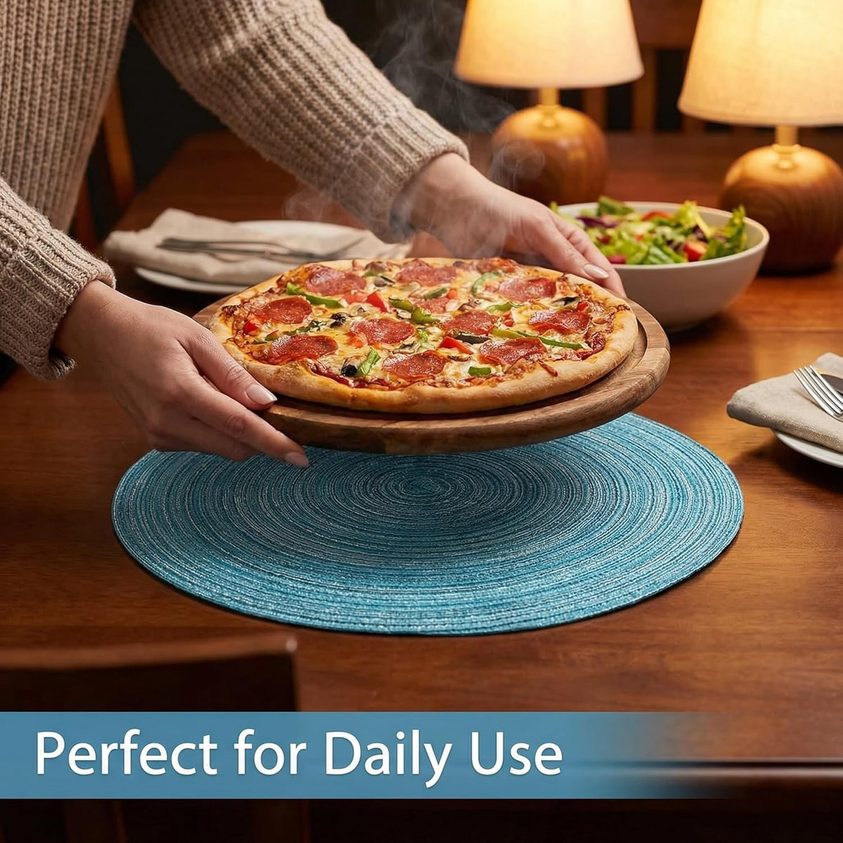 Round Braided Placemats Set of 6 Round Table Mats for Dining Tables Natural Woven Heat Resistant Place mats 15 Inch (Blue Silver)