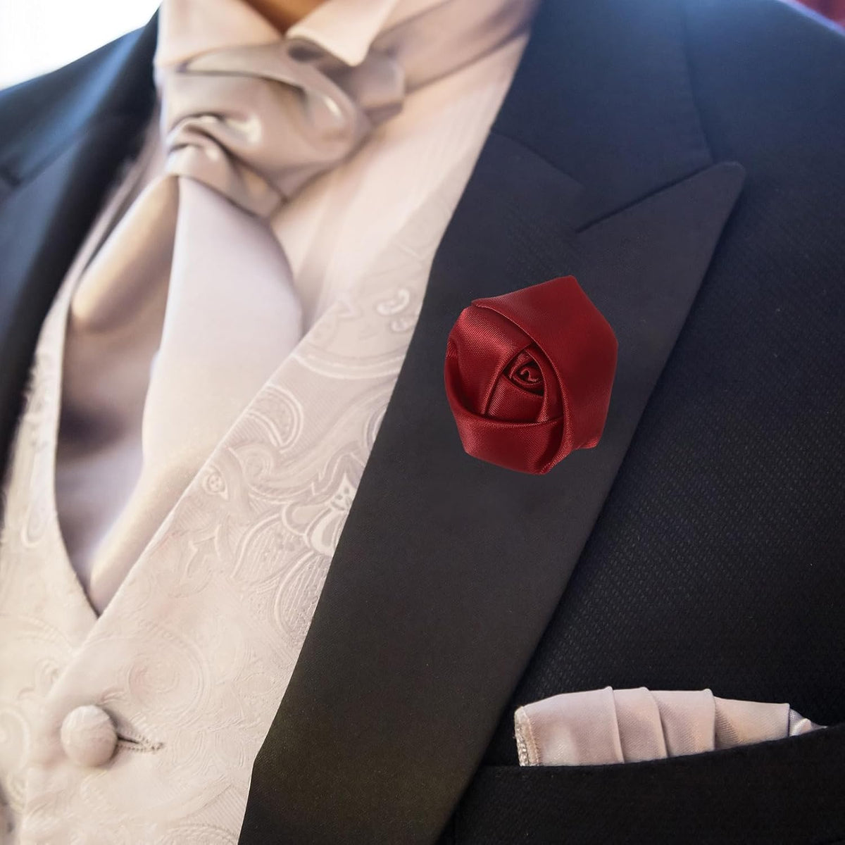 Lapel Flowers for Men Suits, Lapel Pin for Men Satin Rose Artificial Fabric Flowers Brooch Boutonnieres for Wedding Party Prom Ceremony
