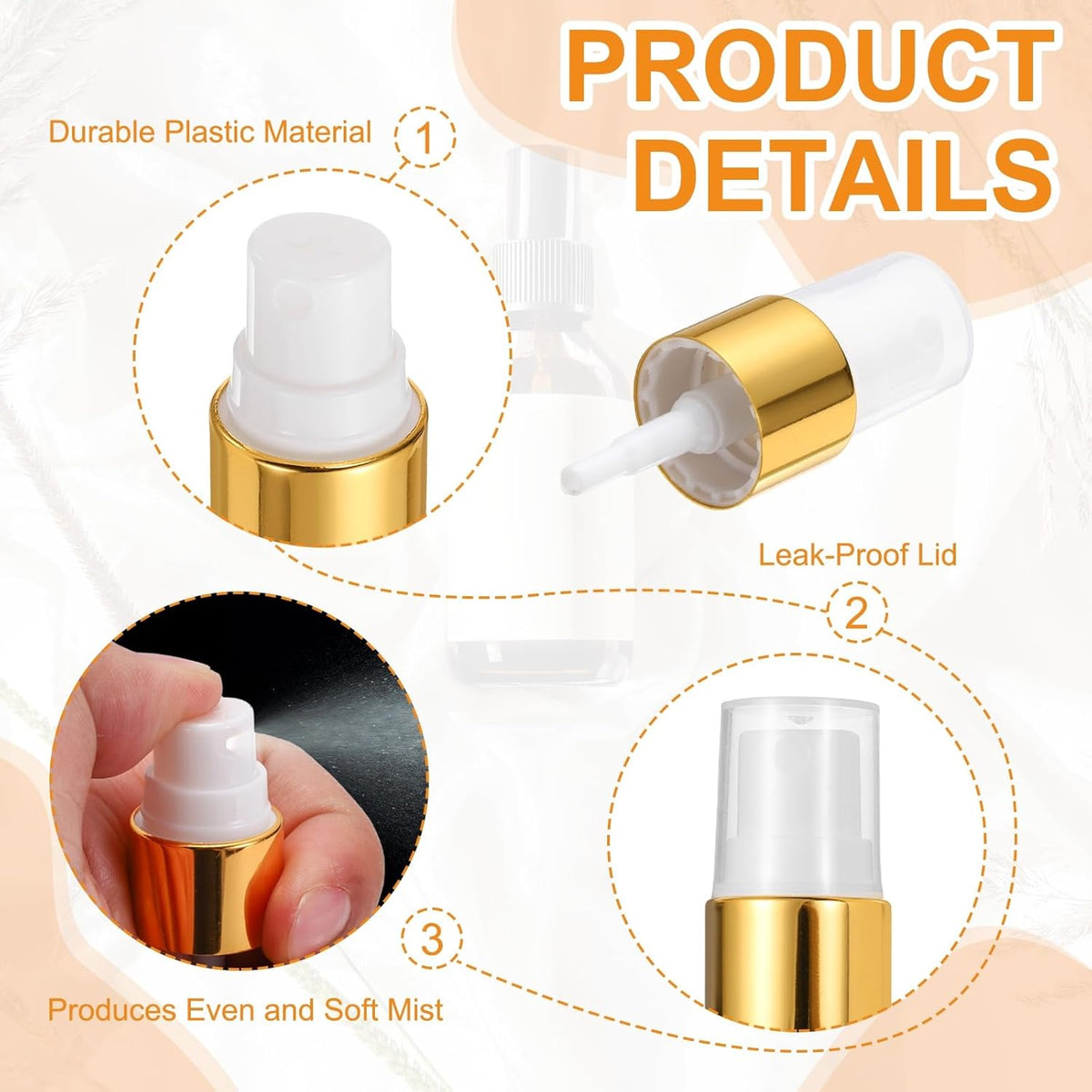 24 Pcs Gold White Spray Top, 24/410 Fine Mist Sprayer Reusable Replacement Spray Bottle Pump Plastic Top for Cosmetic Perfume and Body Sprays Bottle