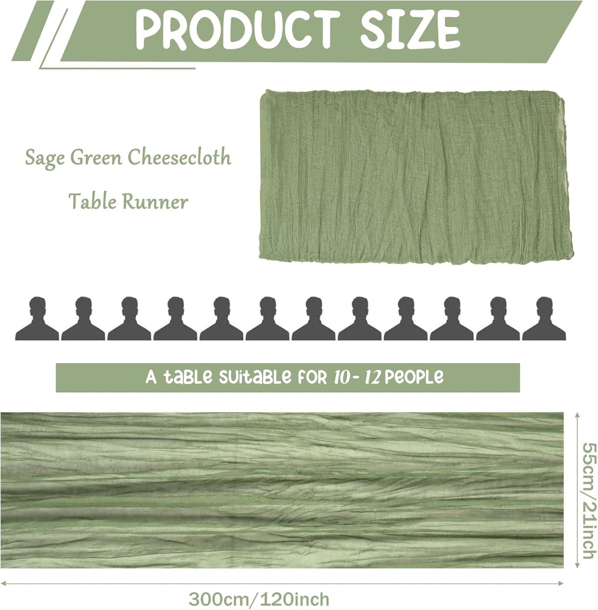 10 Pack Sage Green Cheesecloth Table Runner 10FT Boho Gauze Fabric Table Runner Vintage Rustic Sheer Runners for Wedding Party Bridal Baby Shower Long Table Decorations