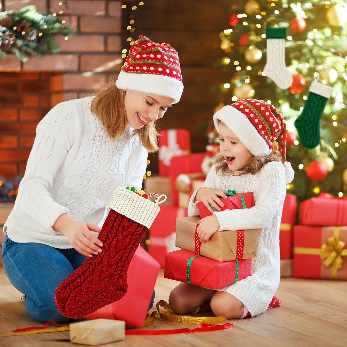 2 Pack 18" Personalized Christmas Stockings, 18inch Large Cable Knitted Xmas Hanging Stocking Decorations for Holiday Christmas Party Family Decor (Lvory/Burgundy)