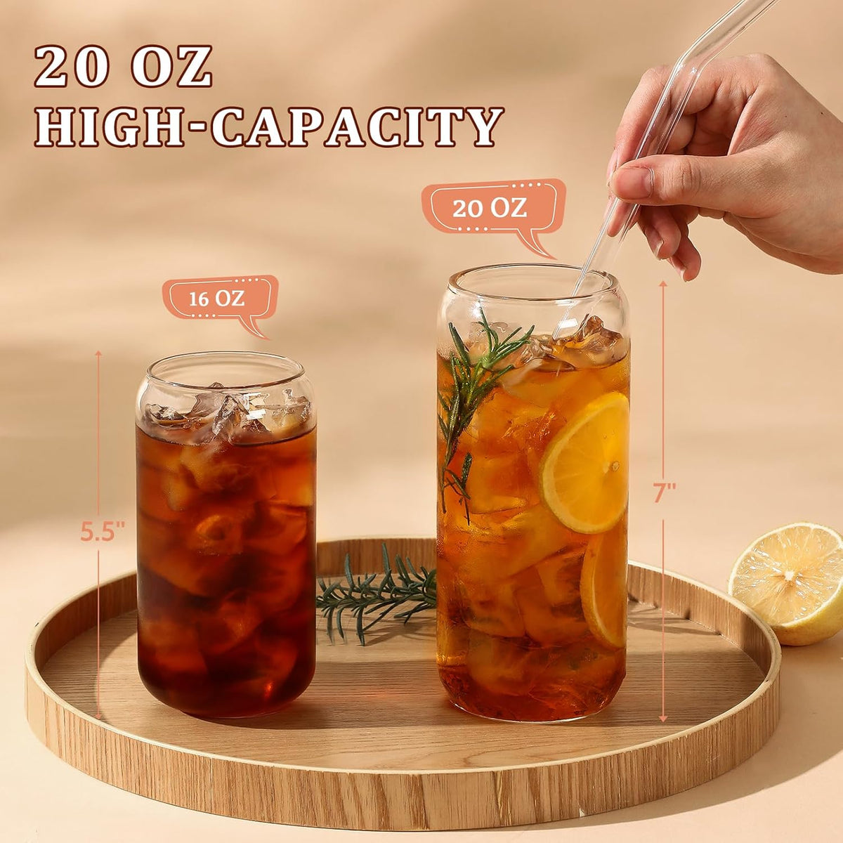 20 OZ Glass Cups with Bamboo Lids and Glass Straw - Beer Shaped Drinking Glasses Set, Iced Coffee Glasses, Cute Tumbler Cup, Aesthetic Coffee Bar Accessories, Gift - 2 Pack