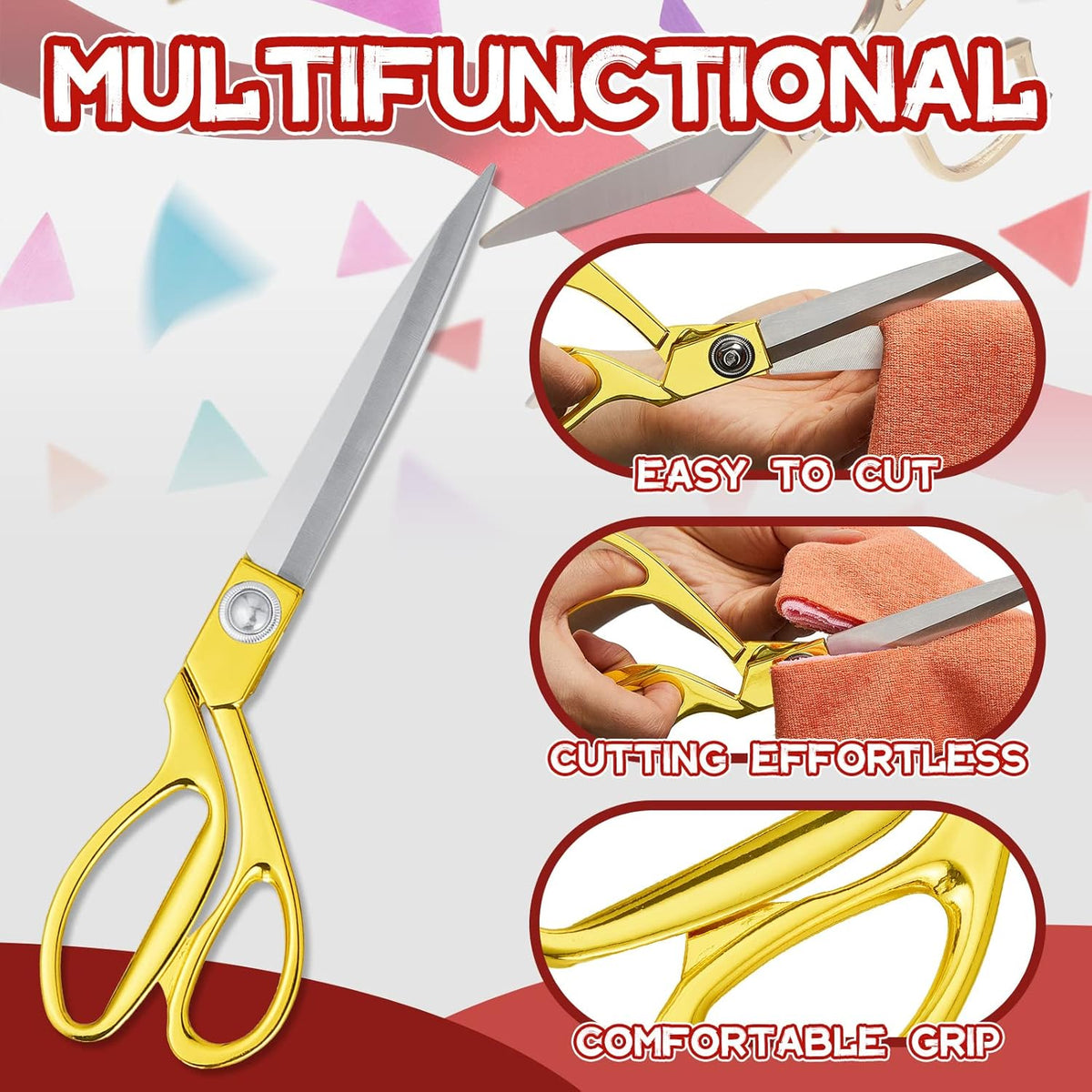 Amylove 3 Pcs Ribbon Cutting Scissors Metal Heavy Duty Stainless Steel Fabric Tailor for Ceremony Events Inaugurations Dressmaking Sewing Plastic Cardboard, 10.43 x 2.76 Inch (Style1,Gold)
