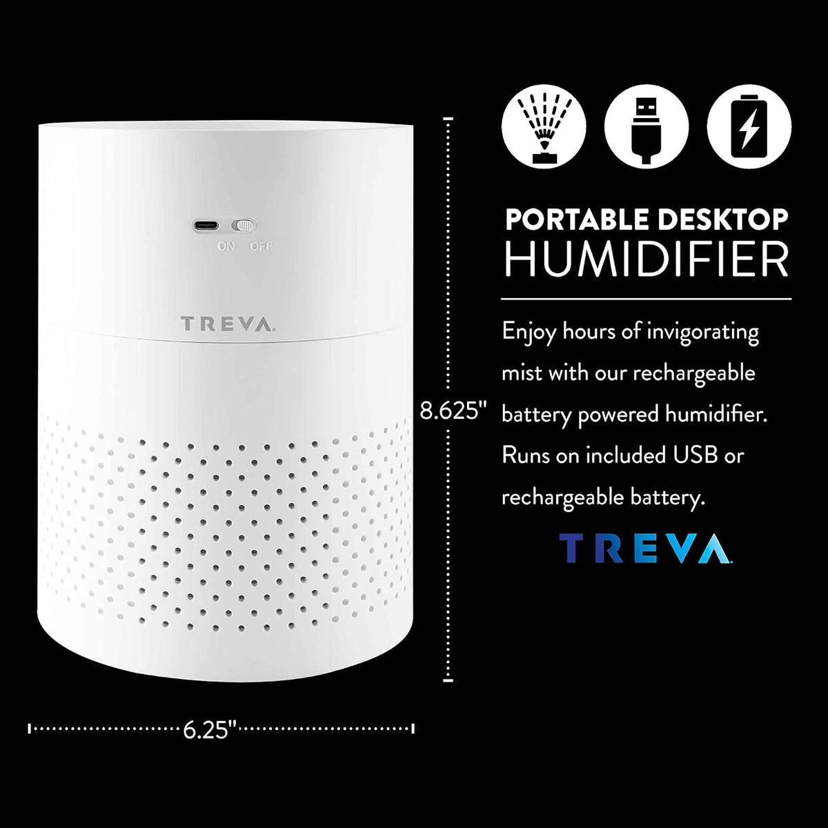 Portable Cool Mist Humidifier 2 Liter Capacity Rechargeable Battery Powered 2 Misting Modes Led Display Panel and Auto Shut Off