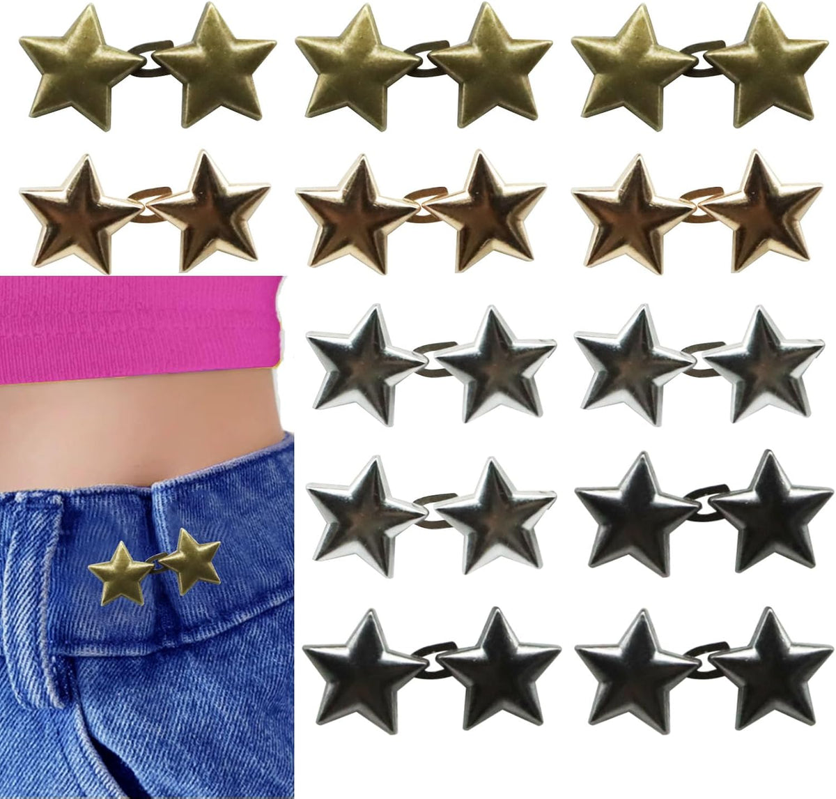 Pentagram Pant Waist Tightener,12 Set Jeans Clips to Tighten Waist Adjustable Buttons for Loose Jeans Pants Easy Instant and Removable No Sewing Waist Tightener for Women Men