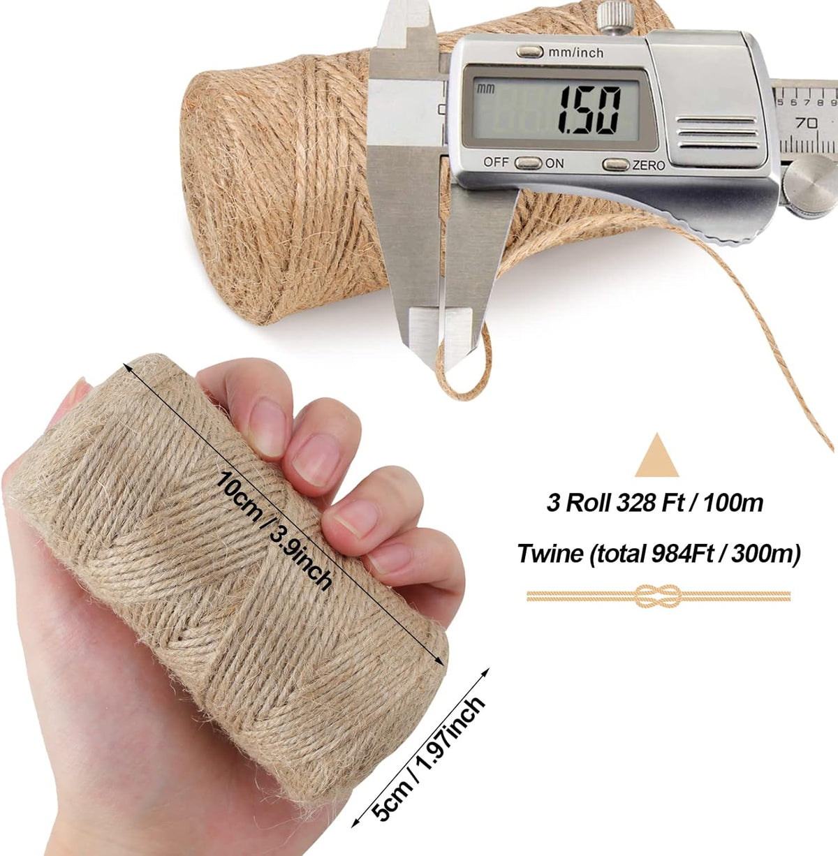 984 FT Natural Jute Twine, 3ply Thin Ribbon Hemp Twine for Gardening, Plant, Gift Wrapping, Art, Wedding Decoration, Packing, Bulk (3 Roll)